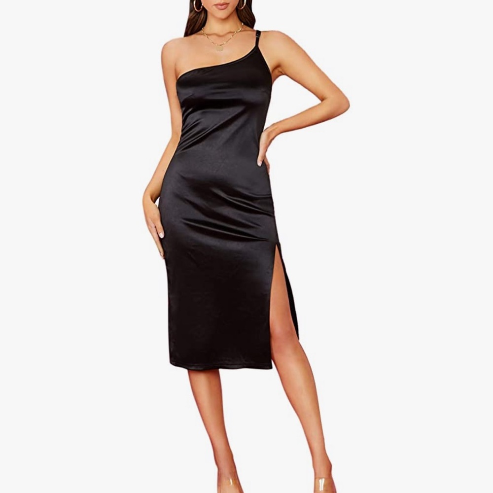 NWT, Black Satin One-shoulder Dress, Sz S